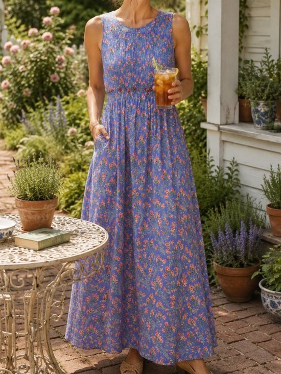 April Cornell Dresses & Skirts - April Cornell Periwinkle Blue Floral Cotton Maxi Dress L Smocked Embroidered